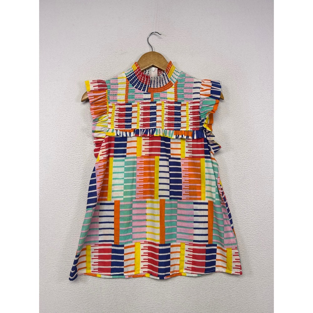 THML Geometric Block Print Women S Multicolor Ruffle Smocked Blouse Artsy